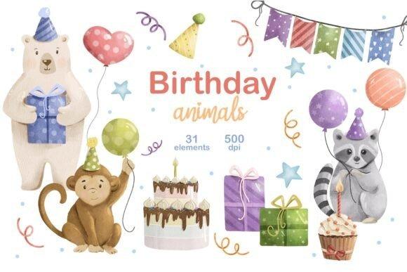 Best happy birthday clipart featuring animals with balloons, gifts, cake, and party hats in colorful transparent PNG elements