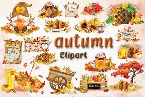 Fall Clipart collection with pumpkins, autumn leaves, cozy drinks, and seasonal decorations for crafts and printables
