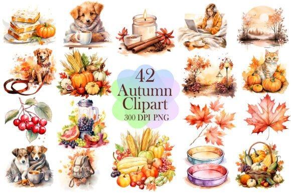 Fall Clipart collection featuring pumpkins, leaves, animals, candles, and seasonal fruits for autumn crafts and printables