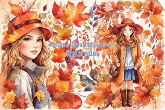 Watercolor fall clipart featuring a young woman in autumn attire surrounded by colorful fall leaves
