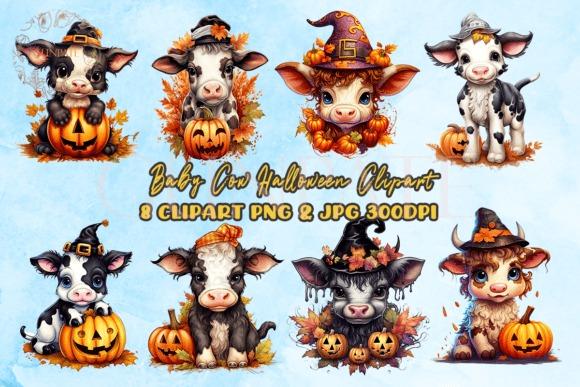 Cute baby cow Halloween clipart set with pumpkins and witch hats in PNG and JPEG formats