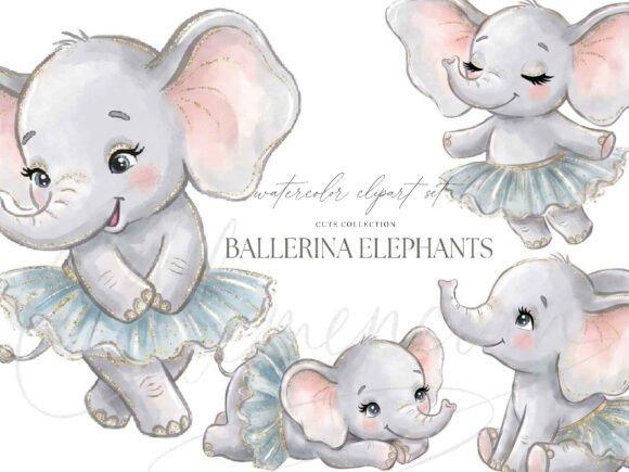kids clipart of baby elephant ballerinas in blue tutus with blush pink accents in various poses