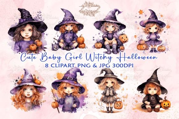 Halloween clipart featuring eight cute baby girl witches with pumpkins and hats in purple and black outfits