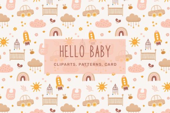 kids clipart nursery pattern with baby objects, toys, clouds, rainbows, and suns in soft beige and peach tones