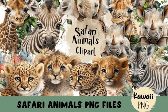 Watercolor kids clipart featuring safari animals including elephant, cheetah, lion, giraffe, zebra, and rhino with plant