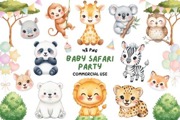 Watercolor kids clipart featuring cute safari animals like lion, giraffe, zebra, panda, and koala with party decorations