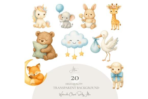 Kids clipart featuring a unicorn, elephant with balloon, bunny with rattle, giraffe, bear with pillow, smiling cloud with