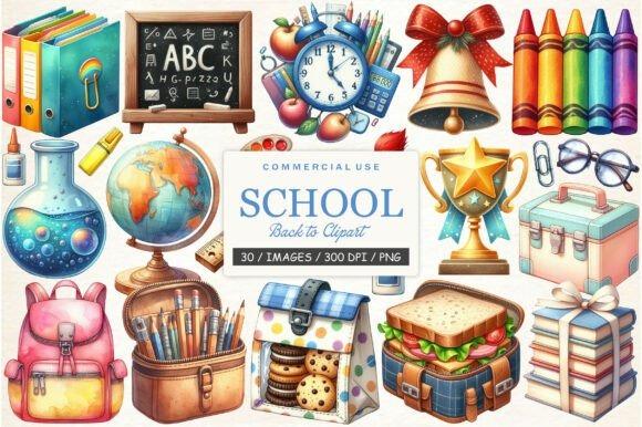 Teacher Clipart School Supplies Teacher clipart showing colorful school supplies including books, chalkboard, clock, bell, crayons, globe, backpack, and
