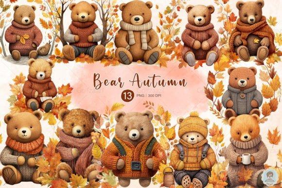 Bear Autumn Clipart featuring cute bears in autumn sweaters surrounded by fall leaves, perfect for fall clipart projects