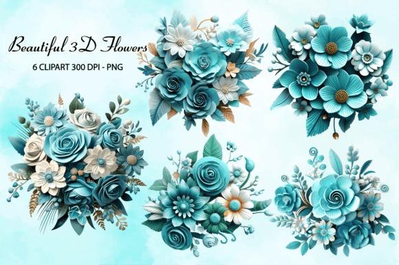 Blue and white flower clipart bouquets with transparent backgrounds in 3D style, six PNG files at 300 DPI