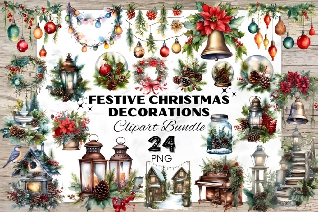 Christmas decorations PNG bundle with watercolor ornaments including bells, lanterns, pinecones, wreaths, and festive