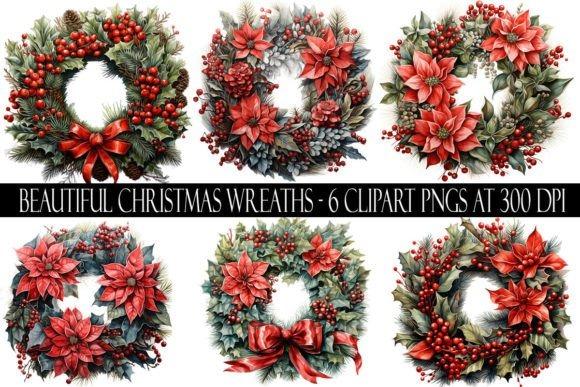Set of six beautiful Christmas wreath clipart designs with poinsettias, berries, pinecones, and red bows — Christmas clipart