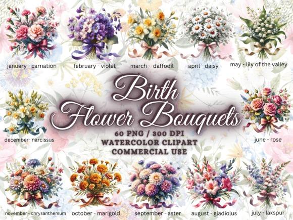 Best flower clipart sets for shirts mugs crafts showing 12 watercolor birth month flower bouquets with names and months