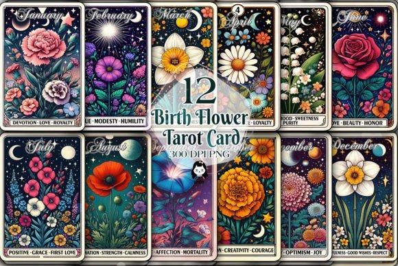 flower clipart featuring birth month flowers in tarot card style with decorative floral designs and symbolic elements