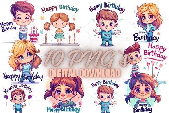 Creative kids clipart bundles featuring diverse children with birthday themes and Happy Birthday text in colorful designs