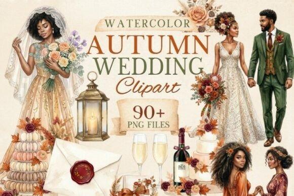 Watercolor autumn wedding clipart featuring brides, groom, floral bouquets, lantern, wine, and wedding elements in black