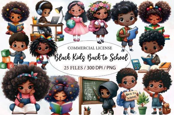 creative kids clipart bundles featuring Black children in back to school scenes with books, backpacks, and classroom items