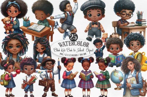 creative kids clipart bundles featuring diverse Black children in school-themed watercolor illustrations for back to school