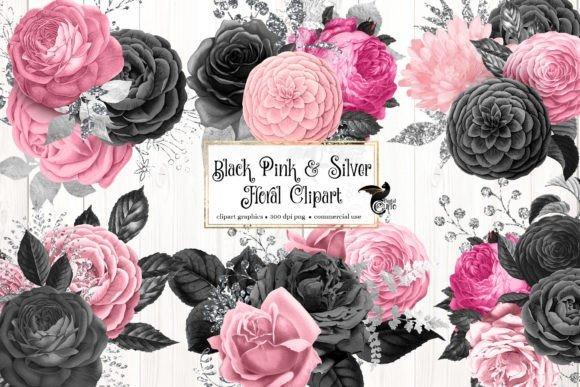 Black, pink and silver flower clipart with transparent backgrounds for scrapbooking and printables