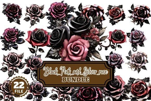Black pink and silver flower clipart set with 22 transparent PNG files featuring roses in bold colors