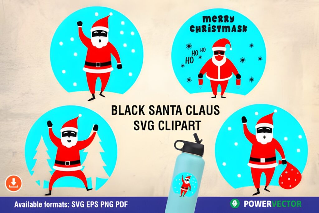 Santa Claus clipart featuring Black Santa in various poses with blue circular backgrounds and holiday elements