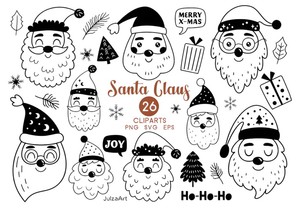Black-and-white Santa Claus clipart set with various Santa faces, Christmas trees, gifts, and holiday elements