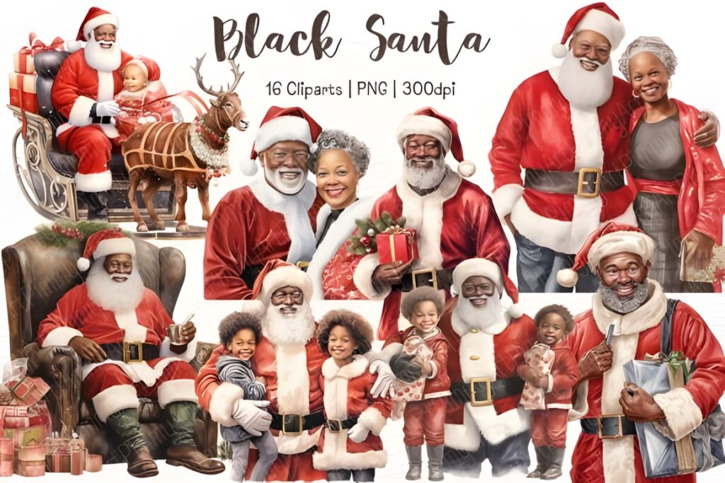 Santa Claus clipart set featuring diverse Black Santa characters in various poses and holiday scenes