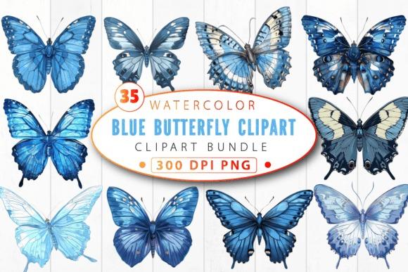 Blue butterfly clipart bundle with various watercolor blue butterflies in transparent PNG format