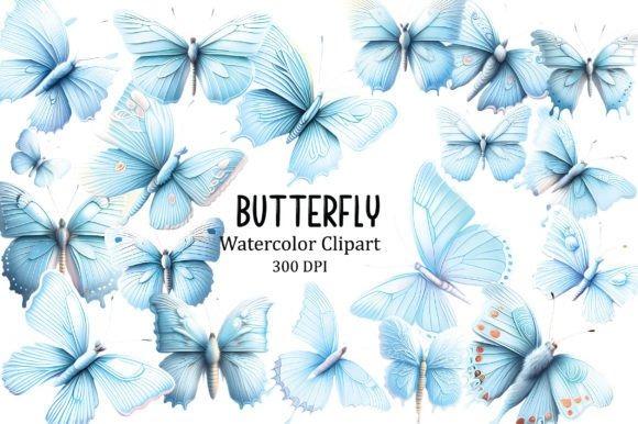 Blue butterfly clipart in watercolor style with transparent background for crafts and printables