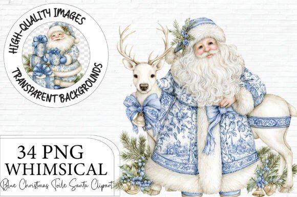Christmas clip art featuring a blue-and-white Santa with gifts and a reindeer in winter-themed attire