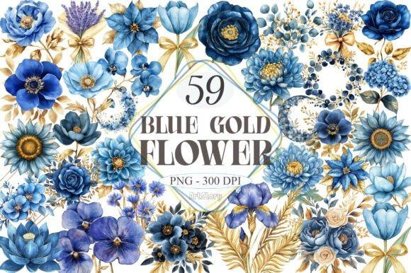 Blue Gold Flower Clipart set with 59 blue and gold floral designs in PNG — best flower clipart sets for shirts mugs crafts