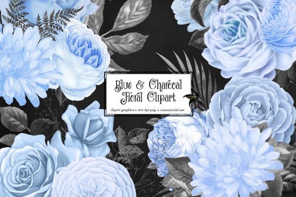 Blue and charcoal flower clipart with baby blue and gray floral elements on black background