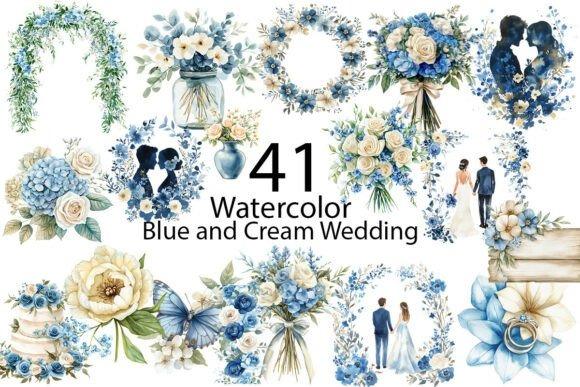 Watercolor wedding clipart in blue and cream colors featuring floral arrangements, wreaths, bouquets, and couples for