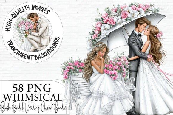 Romantic wedding clipart featuring bride and groom with floral umbrella and flower girl with pink roses