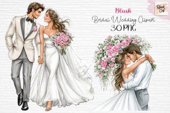 wedding clipart featuring a bride and groom in blush and white tones with floral bouquet and romantic poses