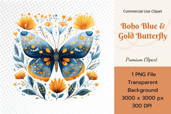 Boho blue and gold butterfly clipart with floral details in transparent PNG — butterfly clipart for sticker