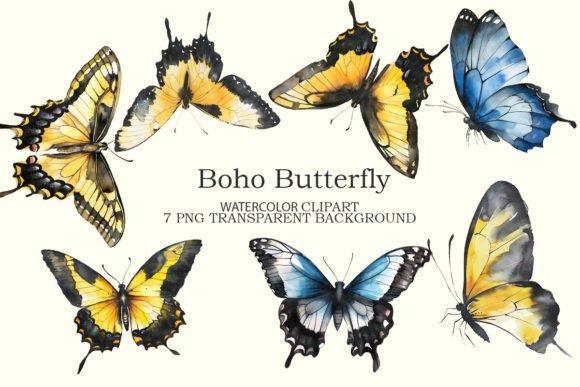 Boho butterfly clipart set with seven watercolor butterflies in yellow, blue, and black on transparent backgrounds
