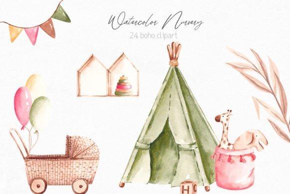 Boho nursery kids clipart with watercolor play tent, wicker pram, balloons, toys, and decorative plants