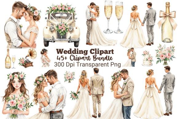Wedding clipart featuring couples, floral bouquets, champagne glasses, and vintage car in watercolor style