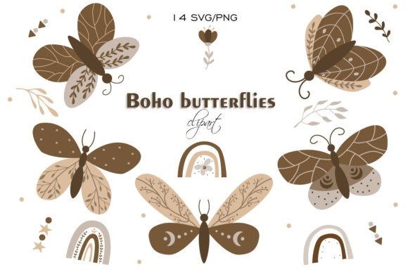Boho butterfly clipart set with 14 brown and beige butterflies in PNG and SVG formats