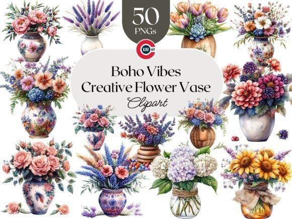 Boho style creative flower vase clipart with various floral arrangements in decorative vases and pots — cute flower clipart