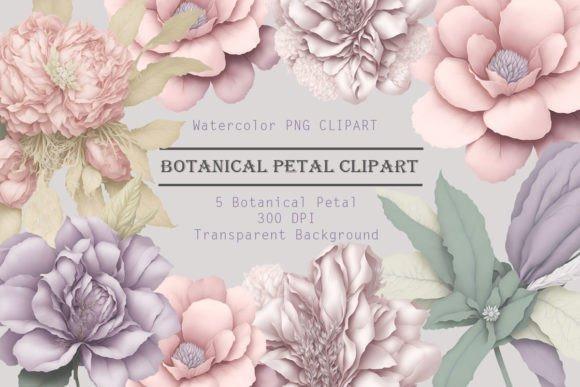 Botanical petal flower clipart in soft pastel colors with transparent background, high resolution 300 DPI