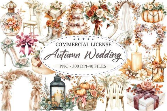 Wedding clipart featuring autumn-themed bridal elements like pumpkins, flowers, candles, and rustic decor for fall