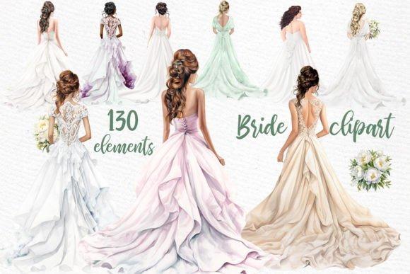 Wedding clipart featuring various brides in elegant gowns from behind, showcasing character-focused designs for bridal themes