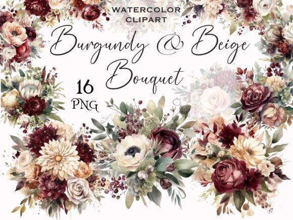 cute flower clipart of burgundy and beige watercolor wedding bouquets with transparent backgrounds