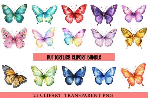 Colorful butterfly clipart bundle with 15 different butterfly designs in various colors and patterns, PNG format