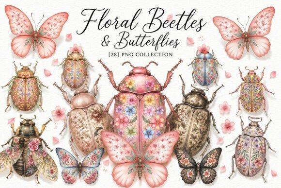 Watercolor butterfly clipart with floral beetles in a 28 PNG collection, transparent background, 300 DPI
