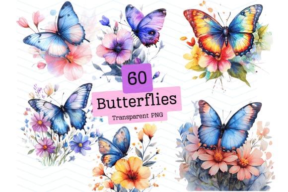 Colorful butterfly clipart with floral elements in watercolor style, part of a 60-piece butterfly clipart bundle
