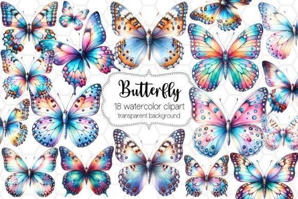 Colorful butterfly clipart for sticker with 18 watercolor PNG designs on transparent background