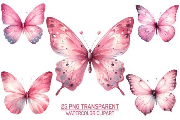 Watercolor butterfly clipart for sticker with 25 transparent PNG graphics in pink shades